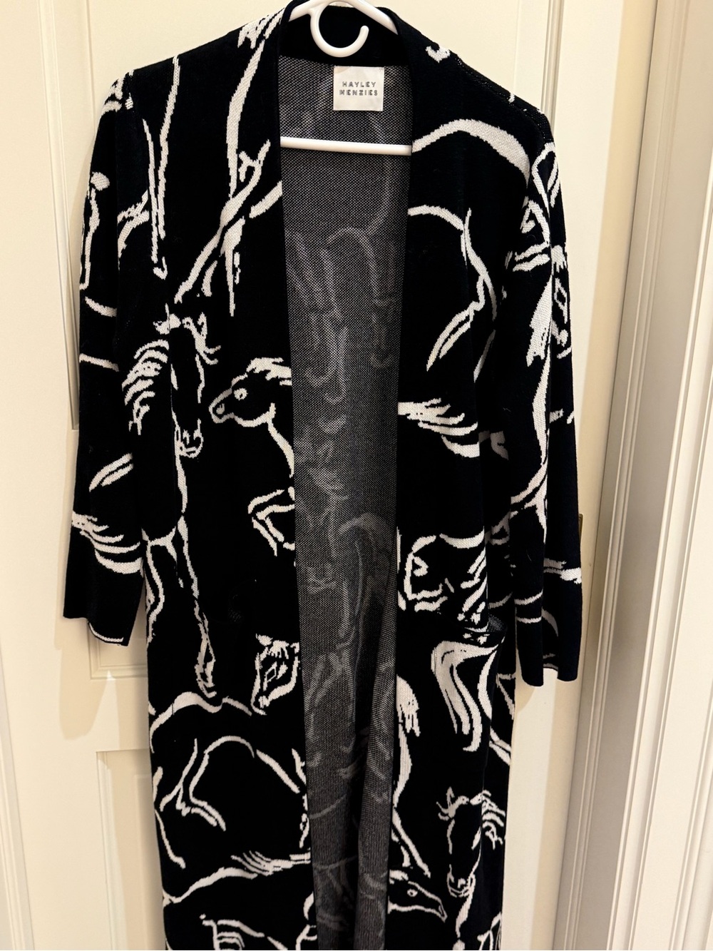 Raglan Open-Front Black & White Horse Print Long Cardigan Coat - Kayley Menzies
